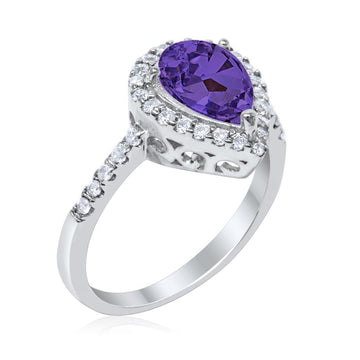 Halo Teardrop Bridal Filigree Ring Simulated Amethyst CZ 925 Sterling Silver